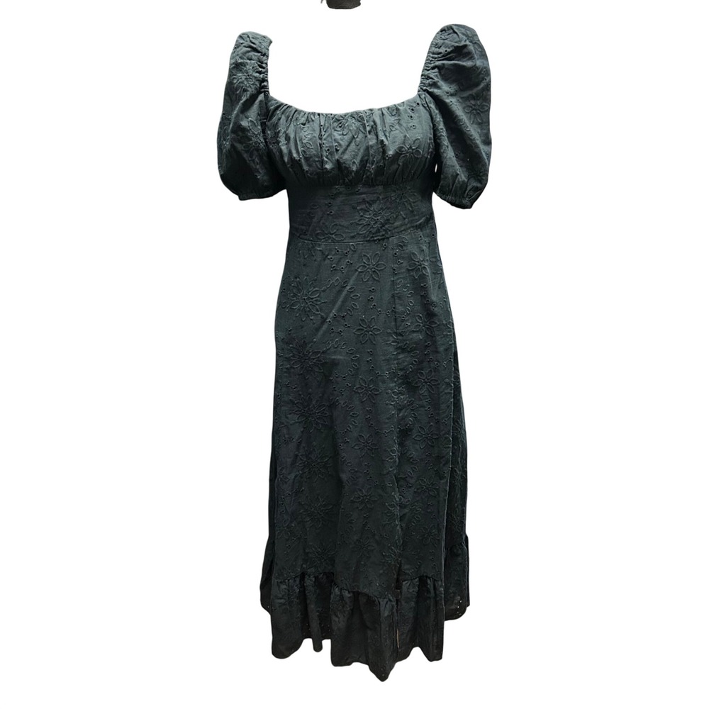 London Times Eyelet Cotton Puff Sleeve Midi Dress Black Floral Cottagecore Small